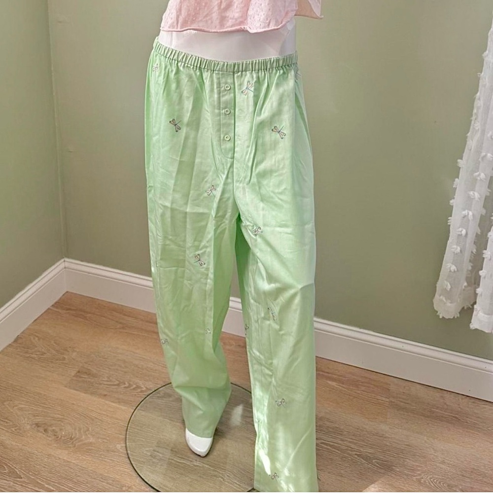 Cottagecore 90s Light Green Embroidered Dargonfly Talbots‎ Pajama Pants NWT - XL